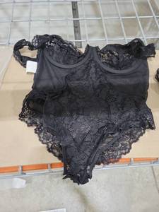 lot 8802 image: Women Sexy Lingerie Bodysuit Floral Lace Teddy Babydoll Snap Crotch Ruffle One Piece with Thigh Bands Large