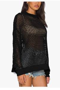 lot 8804 image: Womens Crochet Tops Long Sleeve Beach Summer Sweater Crew Neck Mesh Cover Ups Bikini Swimsuit Tunic Pullover Tops Large