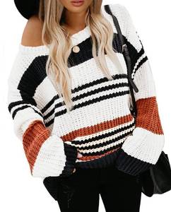 lot 8805 image: KIRUNDO Womens 2025 Fall Winter Striped Color Block Short Sweater Long Sleeve Crew Neck Casual Loose Knit Pullover Tops(Medium, 1977-Orange)