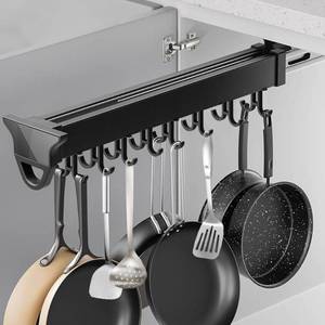 lot 121393 image: Pull Out Pot Rack, 22 Pull Out Pots and Pans Organizer with 16 Hook, Aluminum Alloy Hanging Pot Rack, Expandable Utility Rack, Sliding Under Cabinet Organization for Kitchen, Cabinet, Closet