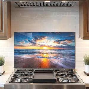 lot 121403 image: Retails for $130 Tempered Glass Backsplash For Kitchen Behind Stove,Sea Beach Stove Backsplash Top Cover,Easy to Clean Glass Splashback, Sink Cover Splash Guard,Home Kitchen Wall Decor (30x18(76.2x45.72cm))