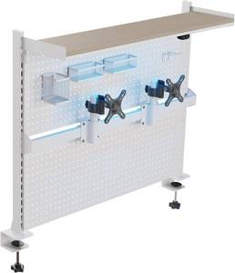 lot 121414 image: Retails for $150 EUREKA ERGONOMIC Desk Pegboard with Dual Monitor Stands, LED Metal Pegboard for Gaming Desk, Privacy Panel with 4 Accessories Modular Hanging, Computer Accessories for Office, 43 x 34 Inch, White
