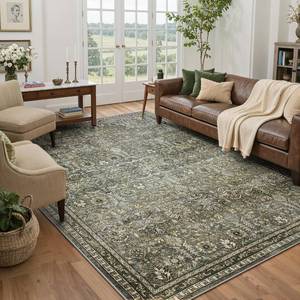 lot 121418 image: Retails for $180 Lahome Mirae Large Dark Olive Green Area Rugs, Washable Area Rugs 9x12 Living Room, Boho Bedroom Mats Under Bed, Soft Stain Resistant Non-Shedding Thin Carpet for Dining Room Apartment