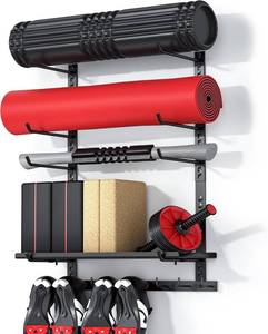 lot 221390 image: Retails for $104 Home Gym Storage Shelf Only, Adjustable Gym Equipment Organizer Wall Mounted with 1 Board, Yoga Mat Holder, Storage Rack Compatible with Peloton Shoes & Mat, Shelf for Home Training Accessories