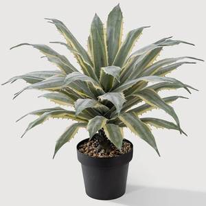 lot 221398 image: SUNPRAIRIE 32 Inch Tall Large Faux Agave Plant with Two-Tone Sawtooth Edged Leaves Planted in Black Pot with Real Stone Pebbles. Large Artificial Plants Indoor and Outdoor.