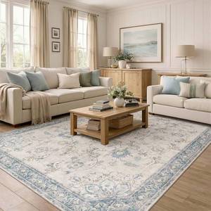 lot 221402 image: Retails for $140 jinchan 8x10 Vintage Rug for Living Room Washable Bedroom Rug Floral Distressed Design Non Slip Thin Indoor Floor Cover Large Low-Profile Throw Carpet for Dining Room Office, Blue