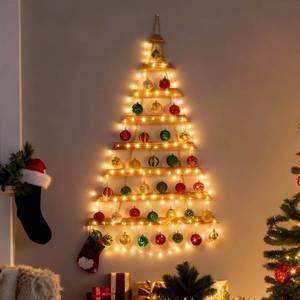 lot 321274 image: Wall Christmas Tree Set, Wood Tree with Remote 100-LED Light and 36 Pcs Hanging Ornaments for Living Room, Bedroom, Christmas Wall Decor (44 Inch)