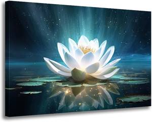 lot 421368 image: GLOKAKA Zen Wall Art White Water Lily Canvas Wall Art Lotus Flower Bloom in Water Print Picture Artwork for Bathroom Yoga Spiritual Living Room Decor