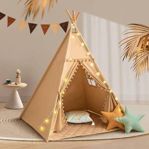 lot 421373 image: WIRHAO Teepee Tent for Kids with Mat, Cotton Canvas Kids Teepee with Pompom for Toddlers Indoor Play Tent for Girls Boys with Stars Lights, Carry Bag, Banner Flag (Khaki)