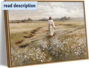 lot 121433 image: Framed Jesus Canvas Wall Art Jesus Walking In Field Painting Rustic Christian Wall Decor Picture for Living Room Bedroom Home Office Church Decoration Ready to Hang