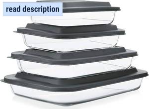 lot 321268 image: 8-Piece Deep Glass Baking Dish Set with Plastic lids,Rectangular Glass Bakeware Set with Lids, Baking Pans for Lasagna, Leftovers, Cooking, Kitchen, Freezer-to-Oven and Dishwasher, Gray