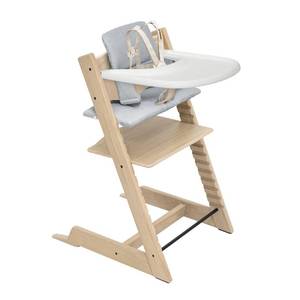 lot 111562 image: Retails for $399 Stokke Tripp Trapp Oak High Chair 2 (Natural), Cushion 2 (Nordic Blue)  Stokke Tray (White) - Includes Chair  Baby Set with Removable Harness for Children 6-36 Months
