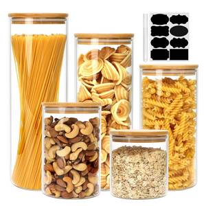 lot 1353 image: Airtight Glass Jars with Bamboo Lids, Glass Food Storage Containers Set - Set of 5 Kitchen Canisters for Sugar, Candy, Cookie, Rice and Spice Jars
