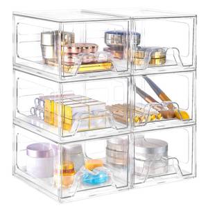 lot 1355 image: Stebopum 6 Pack Stackable Makeup Organizer, 4.4 Tall Acrylic Bathroom Makeup Organizer and Storage Drawer with Pull-out Handle, Clear Plastic Storage Bins for Vanity,Pantry,Desk,Undersink,Kitchen