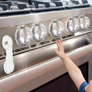 lot 2011 image: GRENFU Stove Knob Safety Covers (5  1 Pack) - Double-Key, Universal Size Gas Stove Knob Locks with Strong Double-Sided Tape, Heat-Resistant Oven Knob Covers for Child SafetyPet Safety, Clear View