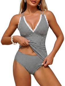 lot 2022 image: ZAFUL Tankini Swimsuits for Women Smocked Two Piece Tankinis Modest Tummy Control Bathing Suit Adjustable Straps Push Up Swimsuits with High Waisted Bottom Full Coverage Swimwear Black Striped S