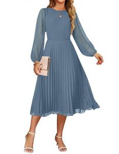 lot 2028 image: ZESICA Womens Fall Long Sleeve Dresses 2025 Casual Crewneck Chiffon Swing Pleated A Line Cocktail Party Midi Dress,Dusty Blue,Large