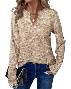 lot 2032 image: KIRUNDO Waffle Knit Tops V Neck Long Sleeve Blouses for Women Dressy Casual Henley Work Shirts 2026 Spring Fall Clothes(Apricot, Small)