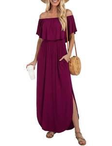lot 2051 image: LILBETTER Womens Off The Shoulder Loose Plain Maxi Dresses Casual Long Dresses with Pockets (Wine Red, Large)