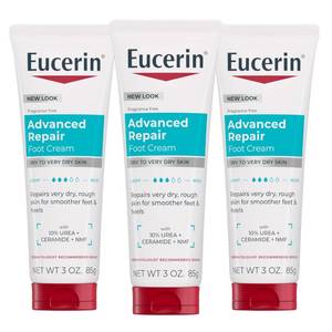 lot 2070 image: Eucerin Advanced Repair Foot Cream for Dry Feet and Heels, Repairs Very Dry, Rough Skin, Fragrance Free, Non Greasy, Fast Absorbing, Travel Size Lotion, 3 Oz Tube, Pack of 3