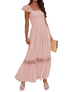 lot 2073 image: ZESICA Womens 2025 Summer Lace Strap Sleeveless Square Neck Smocked High Waist Ruffle Hollow Out Flowy A Line Maxi Dress,Pink,Large
