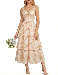 lot 2094 image: Corset Dress for Women Wedding Guest Floral Dresses Tiered Ruffle Maxi Cottagecore Dress Apricot Rose Size 14