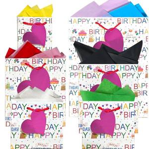 lot 2436 image: 6 Pack Happy Birthday Gift Bags With Handles and 8 Colorful Tissue Papers,Assorted Size of Paper Gift Bag for BoyGirls Kids Women Birthday Party, Anniversay Celebrations