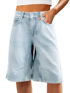 lot 2450 image: VICHYIE Womens Summer Denim Shorts Wide Leg Casual Loose Mid-Low Rise Jorts Bermuda Knee Length Jeans Short Pants Light Blue 6