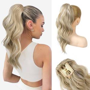 lot 2462 image: HOOJIH Clip in Ponytail Extension, Ponytail Extension 18 Inch Hair Ponytail Extension Wavy Ponytail Clip on Ponytail Synthetic Ponytail Hair Pieces for Women - Light Golden Blonde with White Blonde