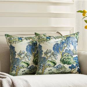 lot 2478 image: BLESFEST Pack of 2, Chinoiserie Pillow Cover 20 x 20 Inch Asian Scenic Blue and Green Throw Pillow Covers Linen Farmhouse Tree Pillow Case Cushion Covers for Sofa Couch Living Room