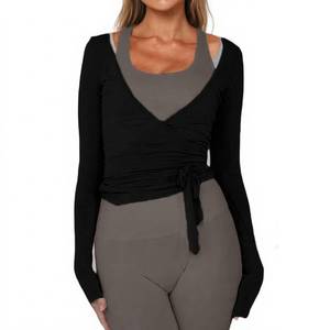 lot 2479 image: Women Ballet Wrap Top Long Sleeve Self Tie Dance Shirt Pilates Yoga Tops Y2k Workout Active Blouses (US, Alpha, Large, Regular, Regular, Black)