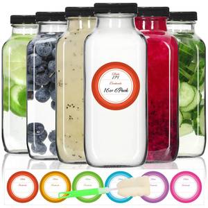 lot 5964 image: STARSIDE 16 oz Glass Juice Bottles with Lids 6 Pack - Square Reusable Drinking Jars for Juicing, Milk, Kombucha - Includes 1 Bottle Brush, 6 Colored Labels