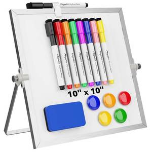 lot 5967 image: Dry Erase White Board, Cazeyoo Magnetic Desktop Whiteboard 10 x 10inch with Stand, 8 Markers, 4 Magnets and 1 Eraser, Portable Double-Sided White Board for Kids Drawing, Office, Home, School