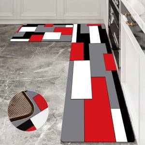 lot 5975 image: Black,White,Red and Grey Kitchen Rug Set 2 Piece Abstract Geometric Art Cushioned Abstract Modern Mats for Laundry (Geometric Art, 17.5x29.517.5x47)