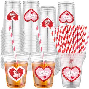 lot 5984 image: Tanlade 100 Pcs Valentines Disposable Heart Clear Cups with Lid and Straws 12oz Valentines Party Plastic Cups with Heart Print for Coffee Juice Hot Cold Drinks Party Supplies