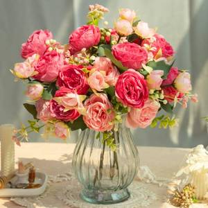 lot 5990 image: JARELING Artificial Peonies Silk Flowers in Glass Vase Faux Flowers Bouquets Modern Penoy Arrangement 4 Pack for Home Decoration Table Centerpiece (Rose Red)