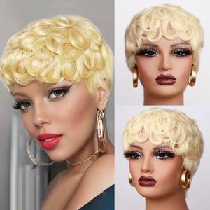 lot 6007 image: 613 Blonde Curly Pixie Cut Wigs 100% Human Hair for Women, Honey Blonde 613 Short Curly Deep Wave Human Hair Wig Fashion Curly Wavy Pixie Cut Glueless Wig Daily Wear Cosplay Party Wigs With Bangs