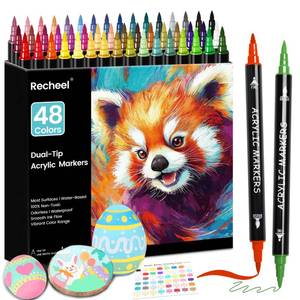 lot 6025 image: Recheel 48 Colors Acrylic Paint Markers, Dual Tip with Precision Fine Tip and Versatile Brush Tip Pens for Creative DIY, Crafting, Stone, Wood, Canvas, Glass, Metal, and More