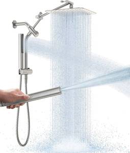 lot 6033 image: Veken All Metal 10 Brushed Nickel Shower Head with Handheld, Luxurious Square High Pressure Double Rain Shower Heads with Power-wash Hand Held, Dual Detachable Rainfall Showerhead,Bathroom Upgrade