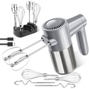 lot 6034 image: Cordless Hand Mixer, Electric Mixer Handheld Digital Display 7 Speed Rechargeable with 6 Stainless Steel Attachments Whisks Beaters Dough Hooks & Storage Base, Blender for Baking, Eggs, Silver