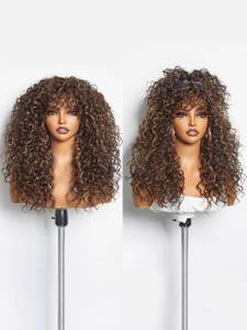 lot 6041 image: GORGIUS Veralux Blend Human Hair Highlight Brown Curly Wig with Bangs Glueless Synthetic Bang Wigs with Realistic Scalp Put On ang Go Beginner Friendly 20 Inch