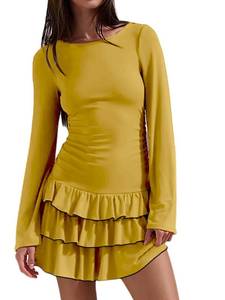 lot 6044 image: Oumrdeo Women��s Long Sleeve Crew Neck Short Dress Ruffle Tiered Going Out Mini Dress Olive Green XL