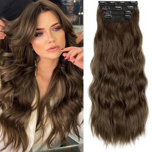 lot 6047 image: KooKaStyle Clip in Synthetic Hair Extensions Long Wavy 4PCS Thick Hairpieces Chestnut Brown Fiber Double Weft Natural Hair Extensions 24 Inch for Women