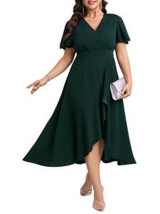 lot 6048 image: Plus Size Formal Dresses for Women Wedding Guest V Neck Wrap Ruffle Split Dress Cocktail Party Evening Gowns Dress Emerald Green size 2XL