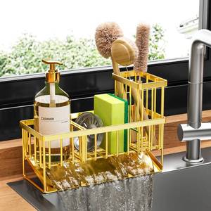 lot 6051 image: Cisily Gold Kitchen Sink Caddy Organzier with High Brush Holder, Sponge Holder for Sink, 304 Rustproof Stainless, Kitchen Countertop Soap Dispenser Organizer, Home Decor and Accessories