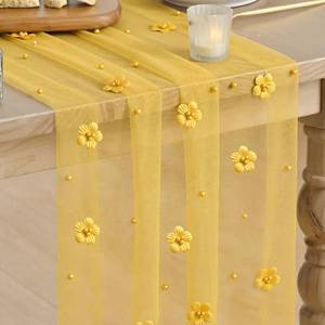 lot 6052 image: Artoid Mode Yellow Flower Pearl Yellow Gauze Table Runner 10FT, Seasonal Sheer Dining Holiday Wedding Birthday Baby Shower Table Decor for Home Party