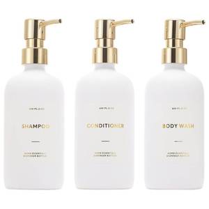 lot 6458 image: HOMCDALY Shampoo and Conditioner Dispenser, 21oz 3-Pack Refillable Pump Bottles, Shampoo Container, Empty Pump Bottle, Bathroom Shower Dispenser��21oz-White&Gold��