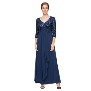 lot 6460 image: Alex Evenings Womens Petite Long Lace Top Empire Waist Dress, Navy Sequin, size 10P