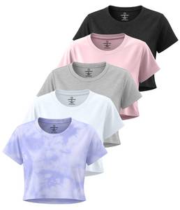 lot 6470 image: Real Essentials 5 Pack Womens Dry-Fit Crop Top Short Sleeve Shirts Workout Gym Cropped Athletic Tee (Available in Plus) - Set 6, M