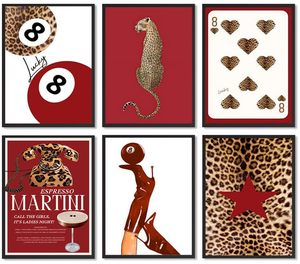 lot 6478 image: 6Pcs Red Leopard Wall Art Trendy Cheetah Red Boots Posters Prints Lucky 8 Balls Pictures Wall Decor Espresso Martini Canvas Paintings for Girls Dorm Apartment Preppy Decoration 8x10in